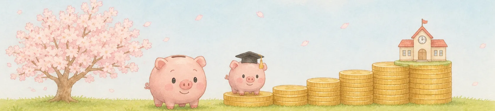 角帽をかぶった子どものコブタ貯金箱と、そのとなりに立つ親のコブタ貯金箱。右へ上がっていく金貨の階段の先に学校の校舎が描かれたイラスト（教育費のイメージ）