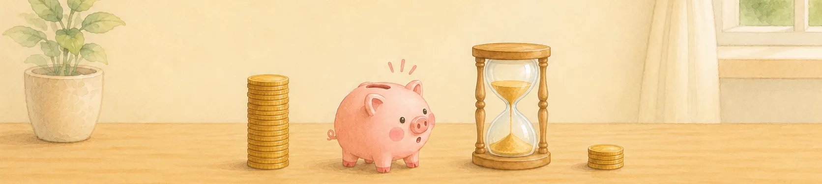 机の上に、左から高い金貨の積み重ね、あっと気づいた顔のコブタの貯金箱、砂が落ちていく砂時計、低い金貨の積み重ねがならぶイラスト（手数料と時間で受取額が変わるイメージ）