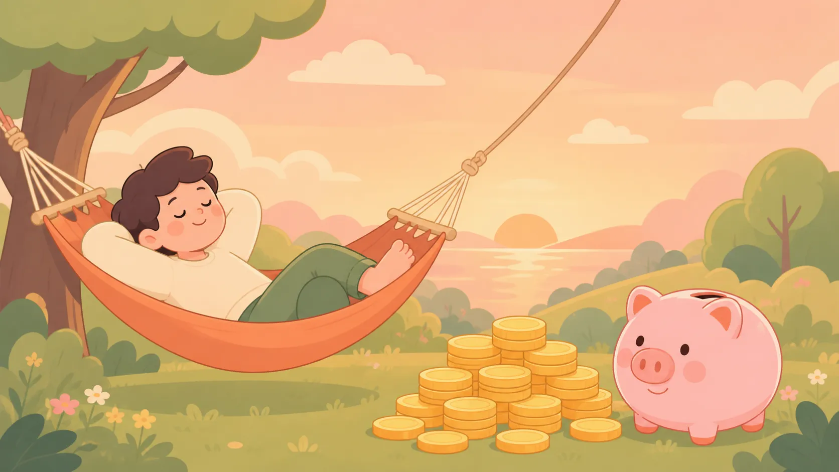 ハンモックでくつろぐ人と積み上がったコイン、コブタの貯金箱のイラスト（FIRE後のゆとりのイメージ）