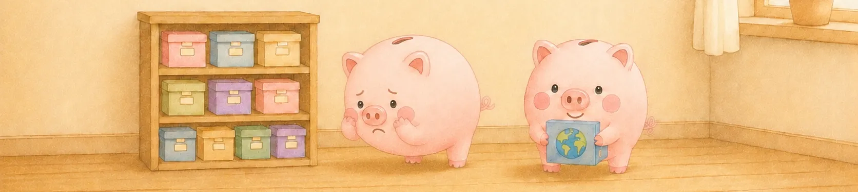たくさんの投資信託が並ぶ棚を前に迷うコブタの貯金箱と、全世界インデックス（地球の箱）を1つ選んで安心するコブタの貯金箱のイラスト