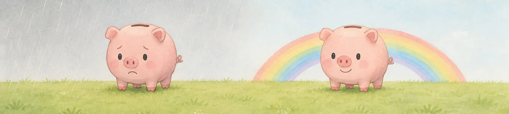 雨雲の下で雨に降られてしょんぼりしているコブタの貯金箱と、雨上がりの虹の下で穏やかに立っているコブタの貯金箱のイラスト