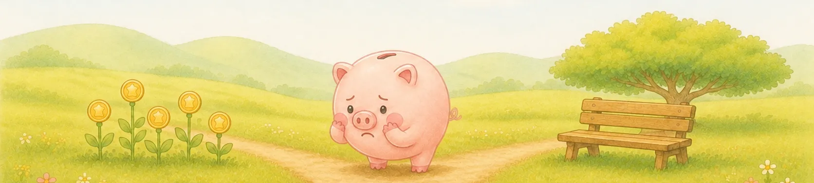 分かれ道の前で、始める道と急がず待つ道のどちらに進もうか考えているコブタの貯金箱のイラスト