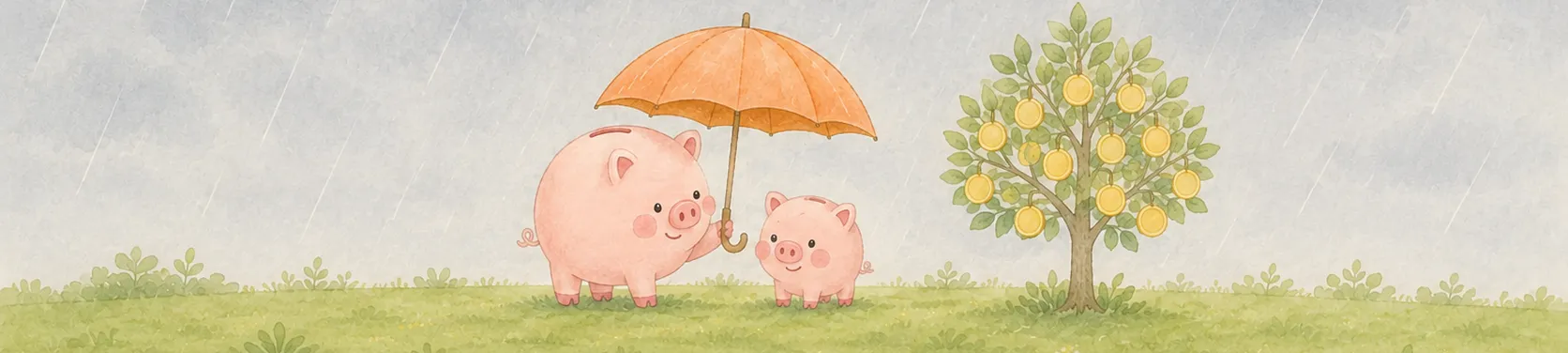 親のコブタの貯金箱がさした傘が親子を雨から守り、隣でコインの木が育っているイラスト（公的保障が家族を守るイメージ）