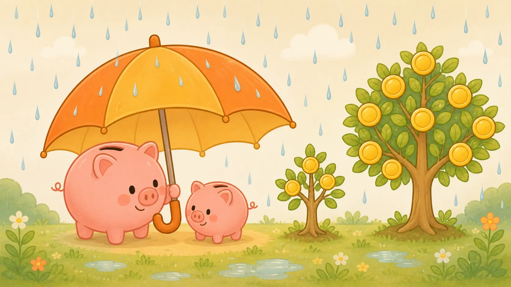 大きな傘がコブタの貯金箱の親子を雨から守り、隣でコインの木が育っているイラスト（保障と資産形成のイメージ）