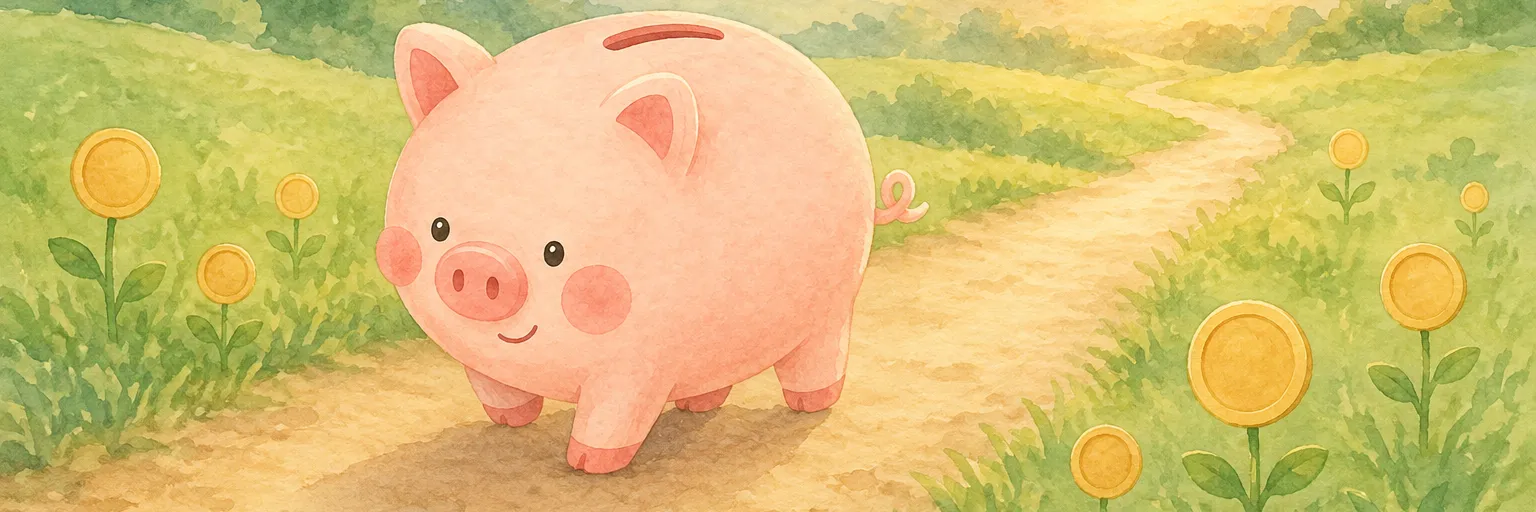 道の先に向かって、軽い足どりで歩き出すコブタの貯金箱のイラスト