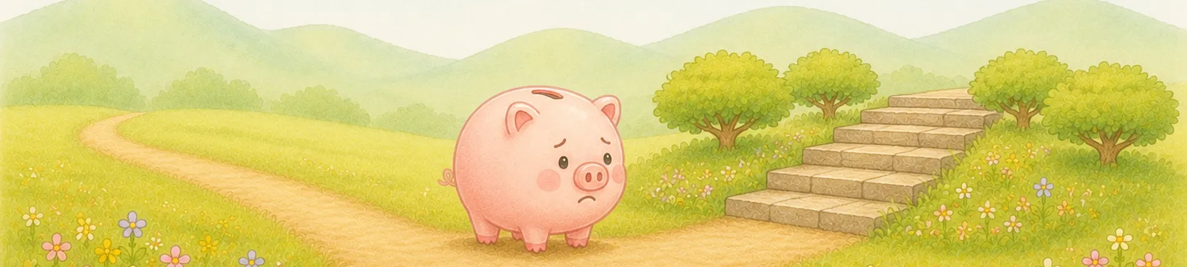 分かれ道の前で、NISAの道とiDeCoの道のどちらから進もうか考えているコブタの貯金箱のイラスト