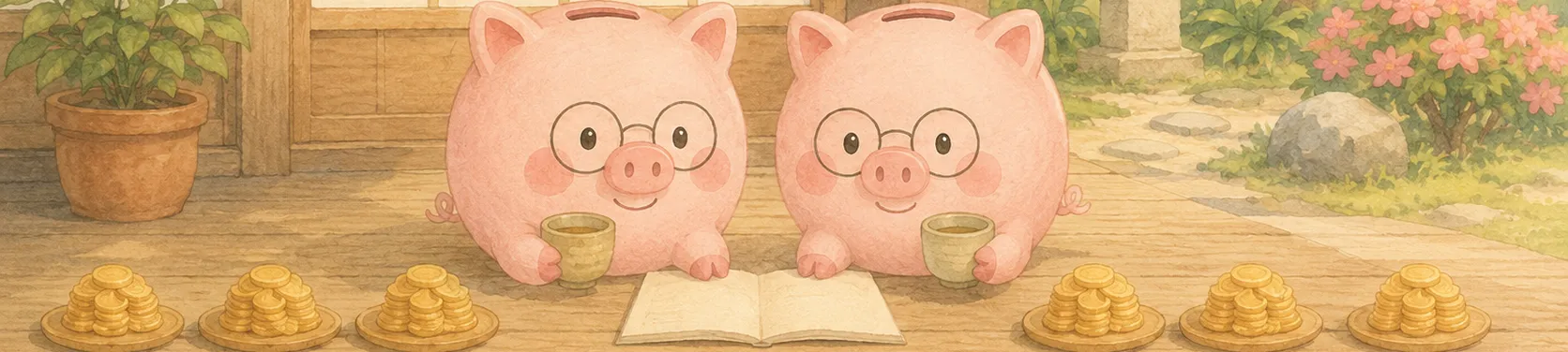 日本家屋の縁側で、丸メガネをかけたコブタの貯金箱が2匹お茶を飲みながら通帳を見ていて、左右に同じ大きさの金貨の山が等間隔にならんでいるイラスト（老後の収支のイメージ）