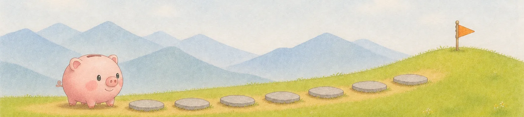 丘の上のゴールの旗までつづく飛び石の道と、その手前に立つコブタの貯金箱のイラスト（目標額から逆算するイメージ）
